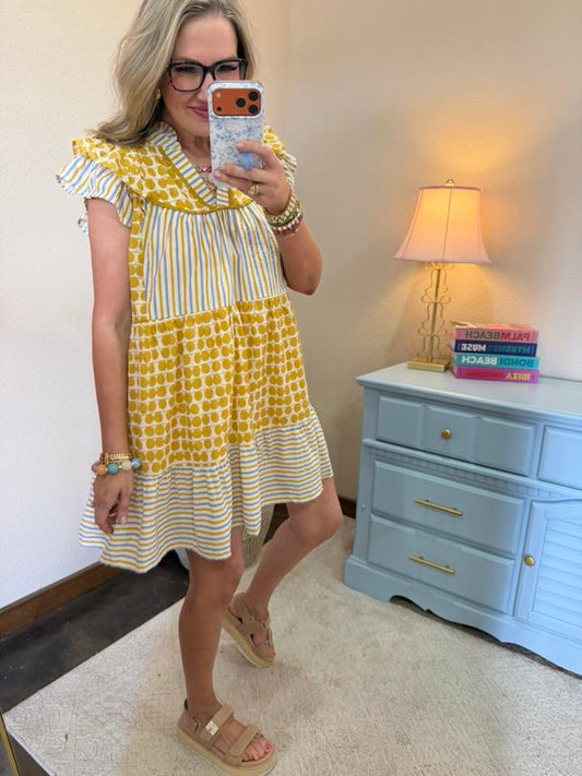 Marigold Mix Patchwork Flutter Sleeve Tiered Dress