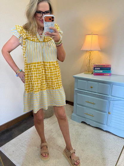 Marigold Mix Patchwork Flutter Sleeve Tiered Dress