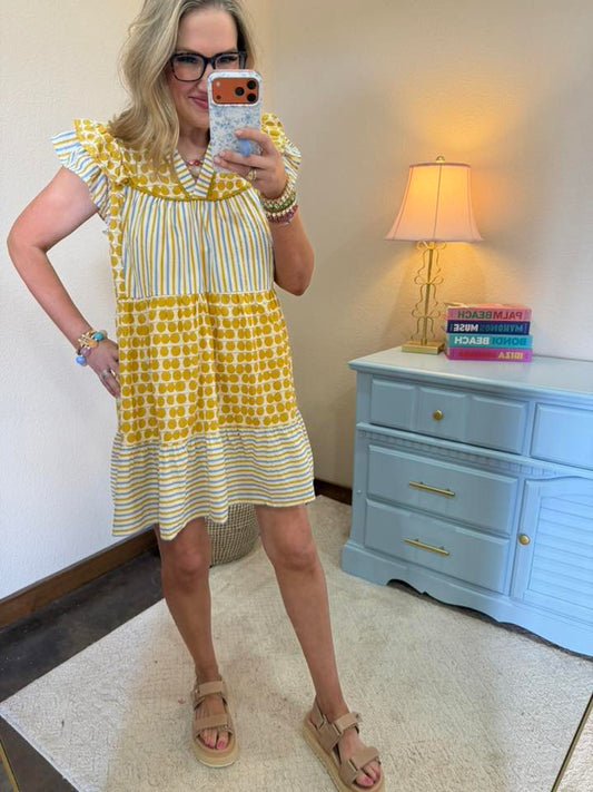 Marigold Mix Patchwork Flutter Sleeve Tiered Dress