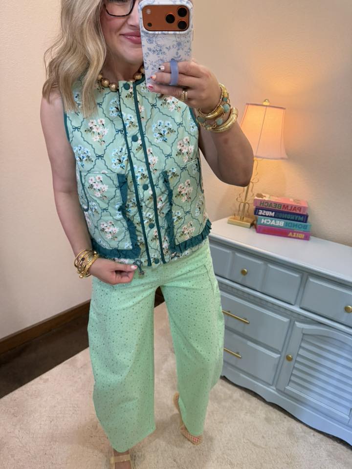 Floral Light Sage Print Contrast Ruffle Detail Quilt Vest