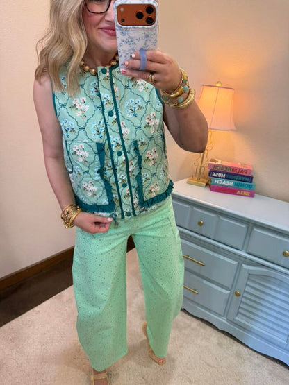 Floral Light Sage Print Contrast Ruffle Detail Quilt Vest
