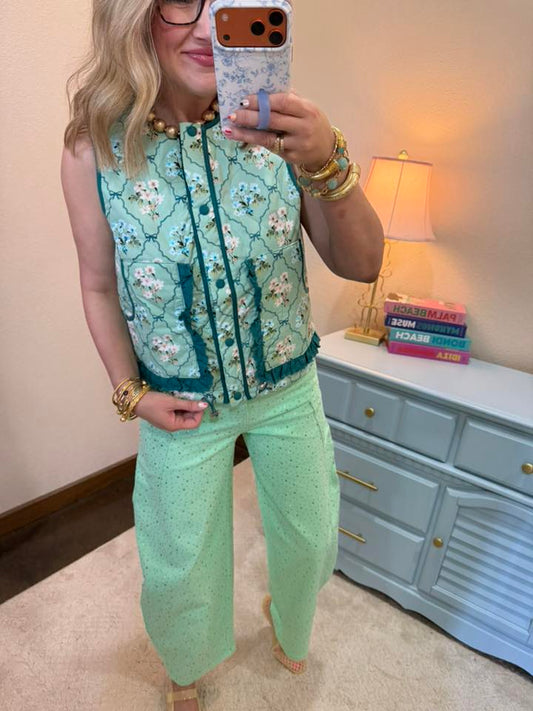 Floral Light Sage Print Contrast Ruffle Detail Quilt Vest