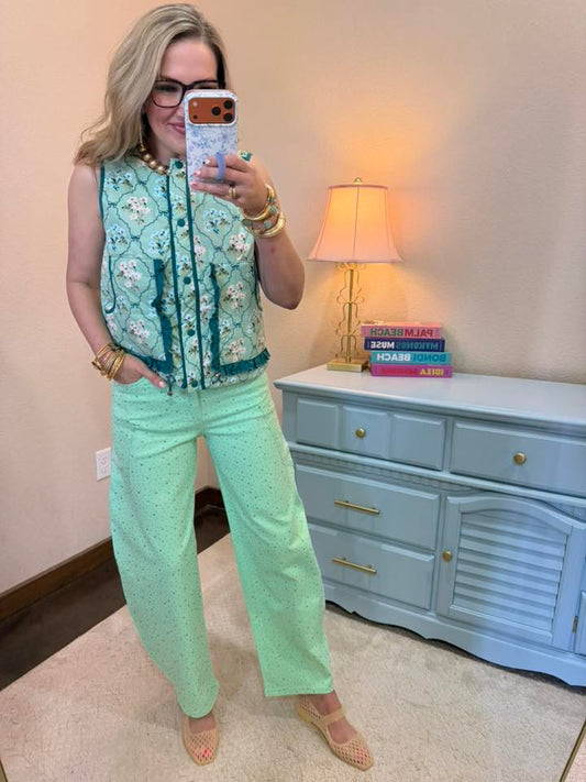 Green Rhinestone Barrel Jeans