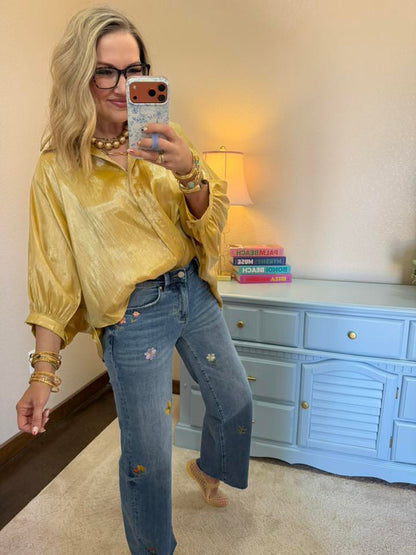 Embroidered Flower Wide Leg Jean