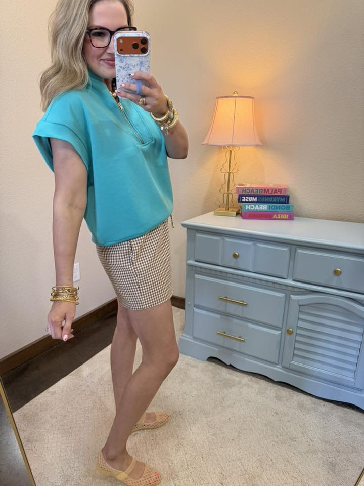 Turquoise Scuba High Neck Half Zip Top