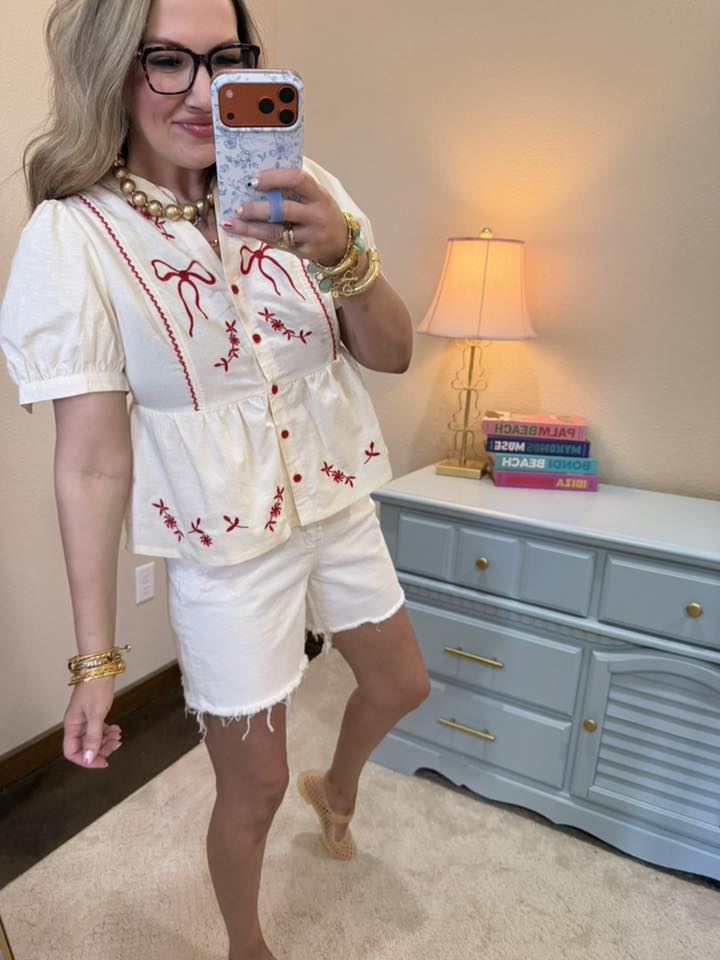 Cream & Red Bow Embroidered Button Front Blouse Top