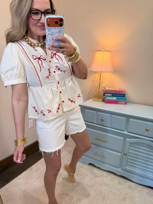 Cream & Red Bow Embroidered Button Front Blouse Top