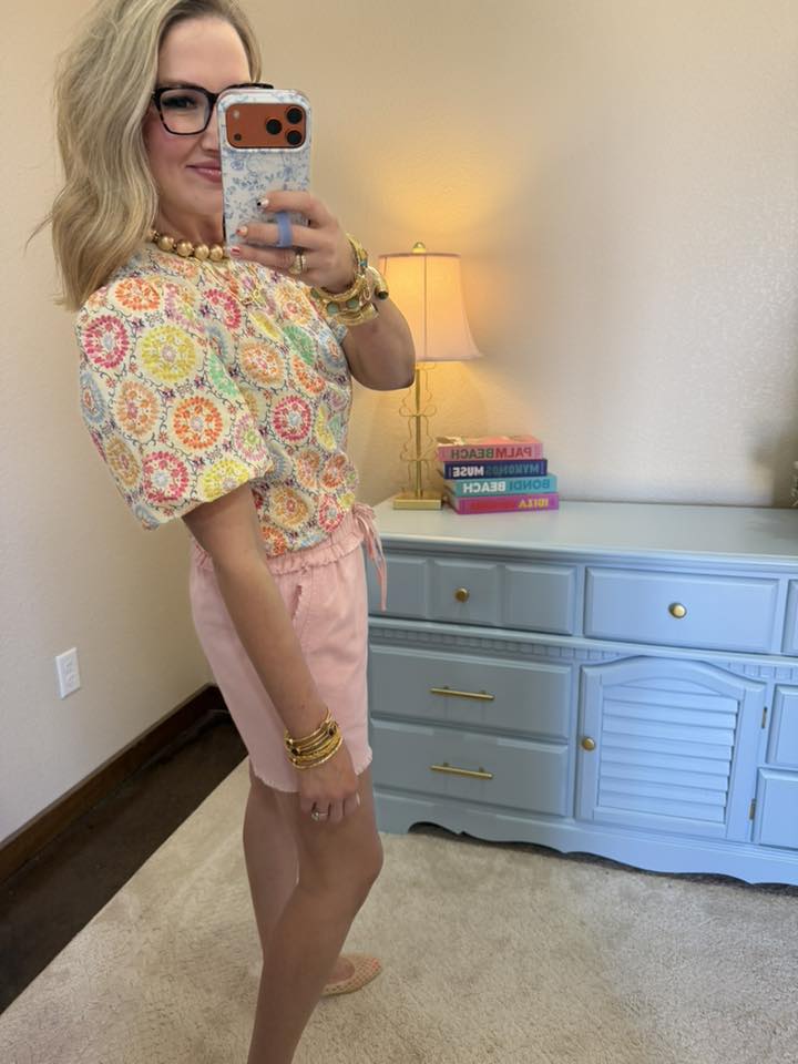 Floral Embroidered Print Bubble Sleeve Top