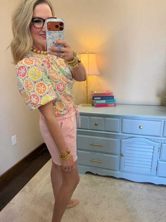Floral Embroidered Print Bubble Sleeve Top