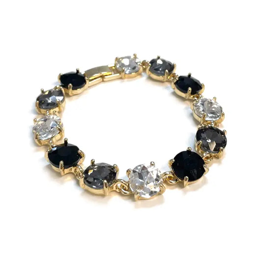 Cushion Cut Glass Crystal Linked Station Bracelet- Black Multi