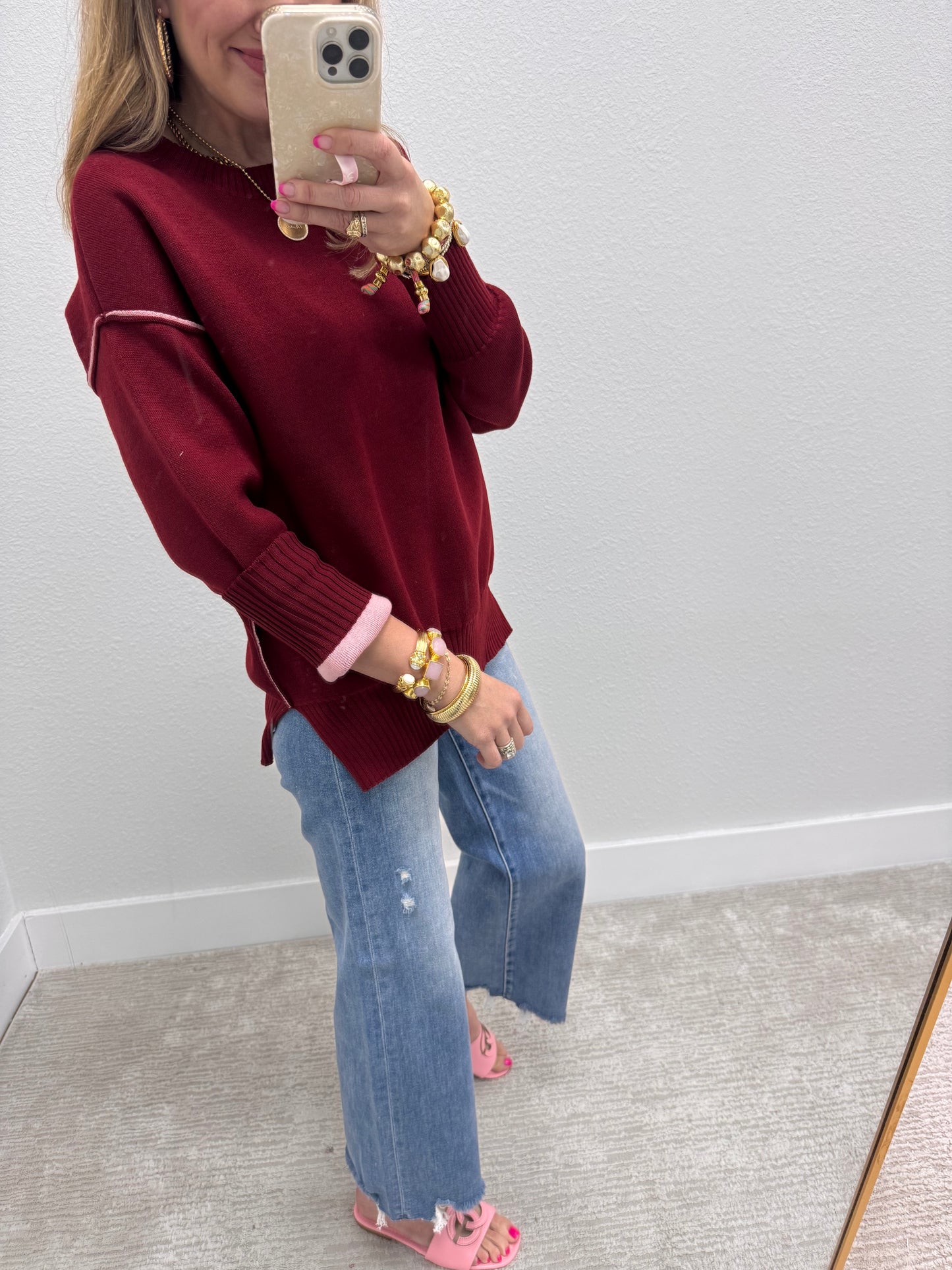 Burgundy & Pink Round Neck Contrast Trim Sweater