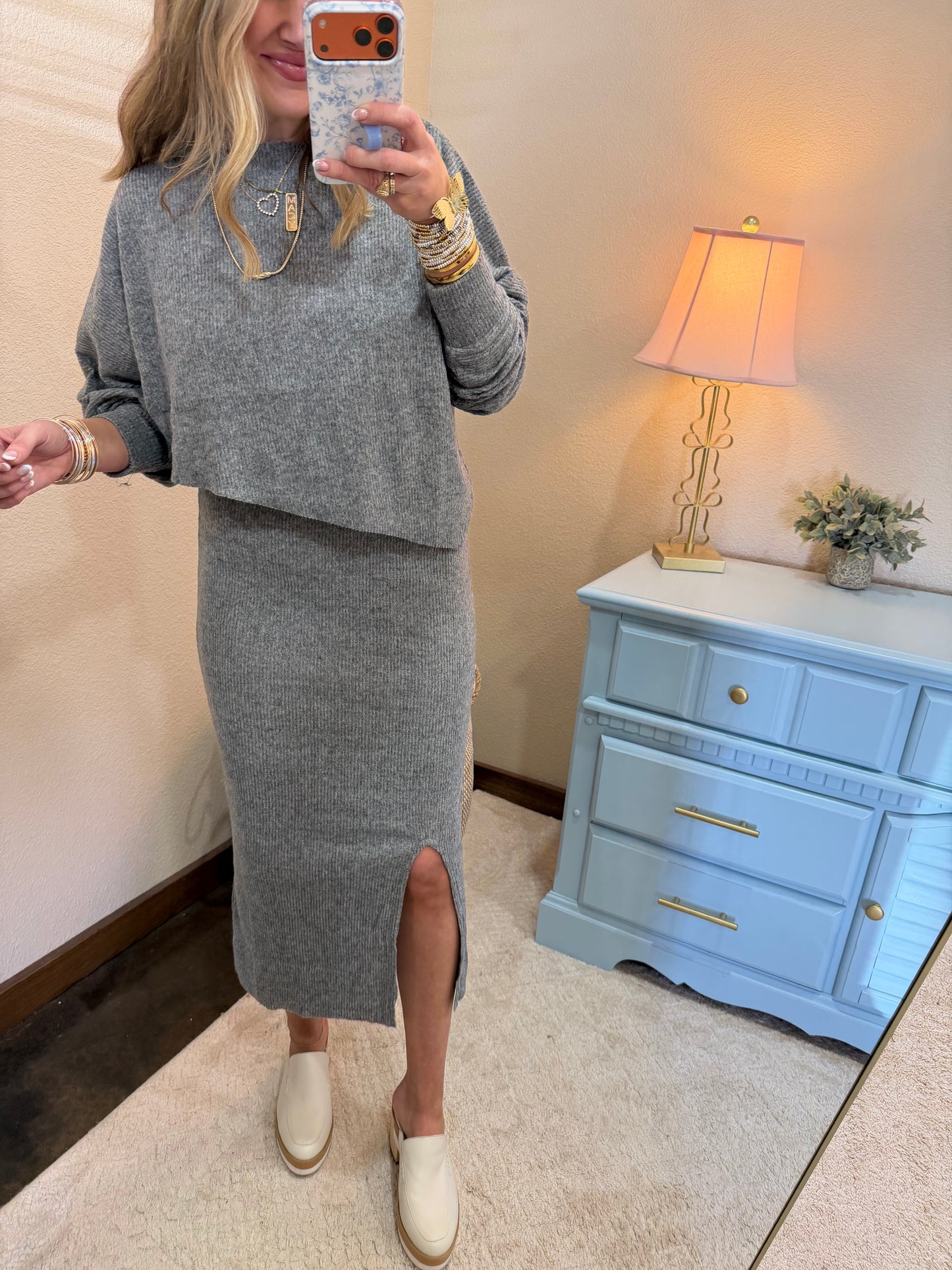 Gray Two Piece Skirt Set