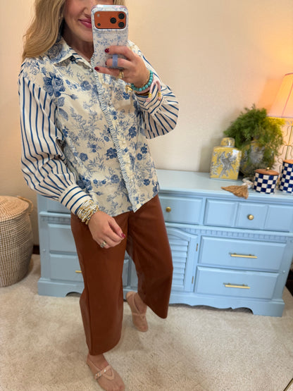 Denim Floral Stripe Sleeve Top with Pearl Buttons