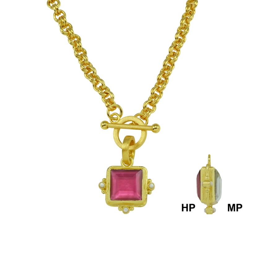 Victoria Square Double Sided Pendant Necklace- Pink & Pearl 