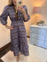 Brown Mix 3/4 Puff Sleeve Midi Dress