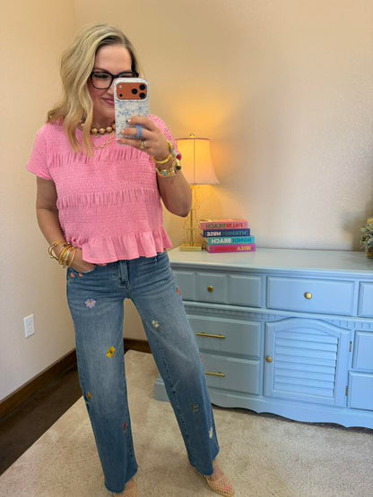 Pink Shirring Detailed Top