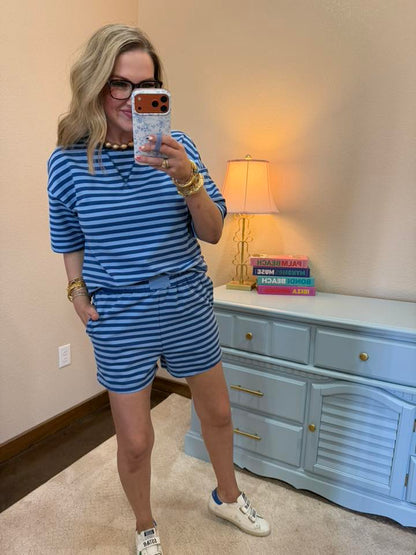 Dark & Light Blue Stripe Pullover Elastic Waist Shorts Set