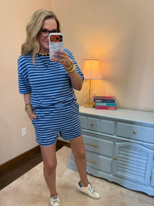 Dark & Light Blue Stripe Pullover Elastic Waist Shorts Set