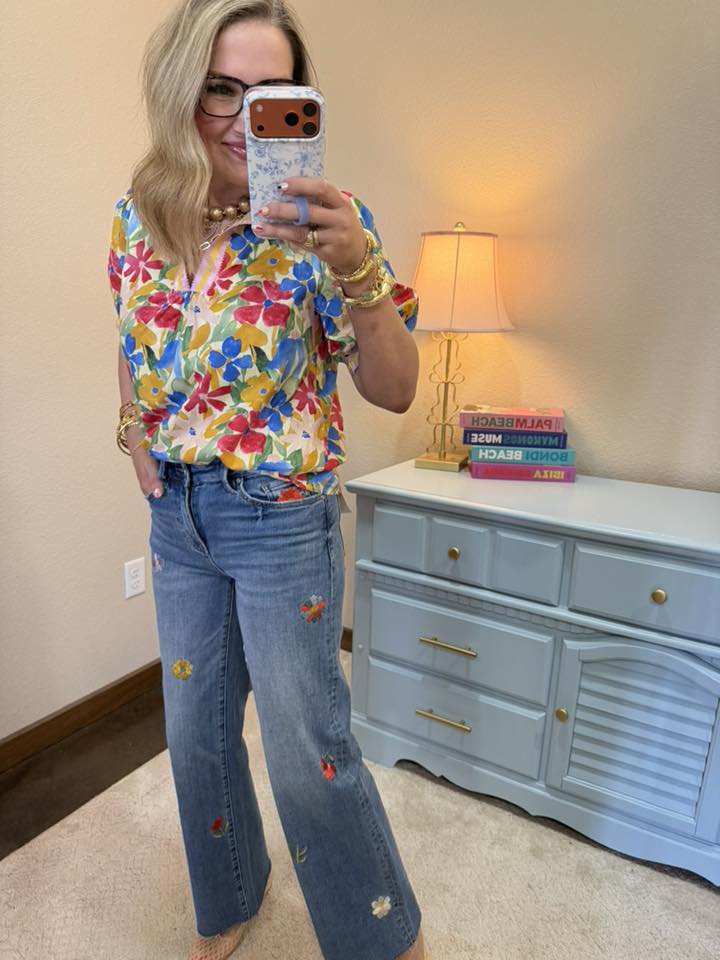 Embroidered Flower Wide Leg Jean