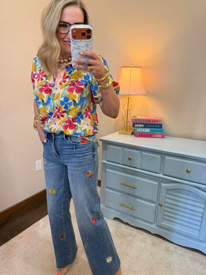 Embroidered Flower Wide Leg Jean