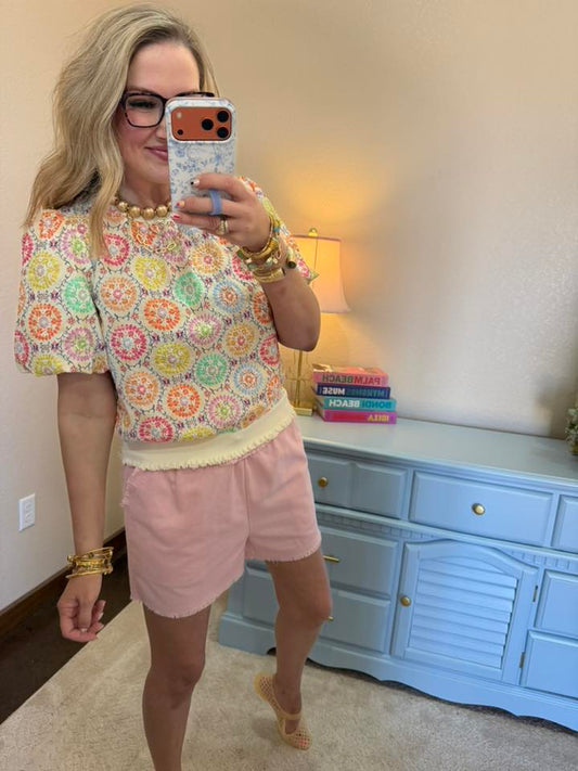 Floral Embroidered Print Bubble Sleeve Top