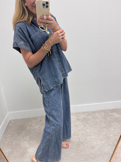 Denim Quilted Stitched Two Piece Pant Set