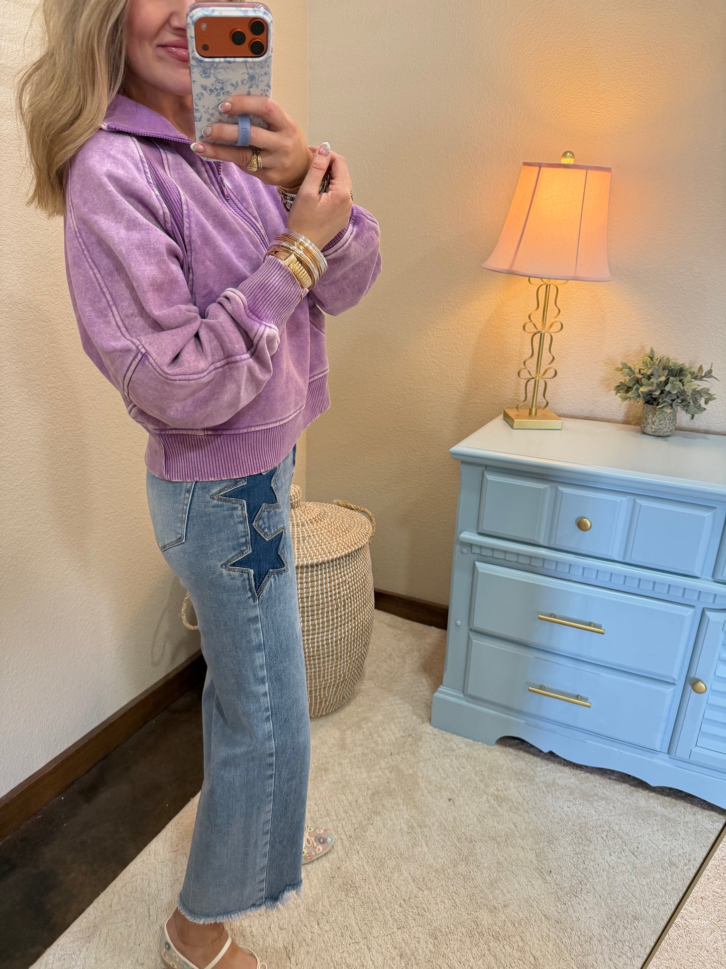 Violet Acid Washed Half Zip Fleece Pullover