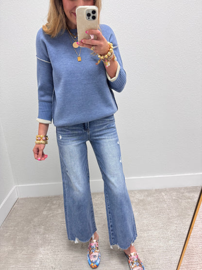 Dusty Blue & Cream Round Neck Contrast Trim Sweater