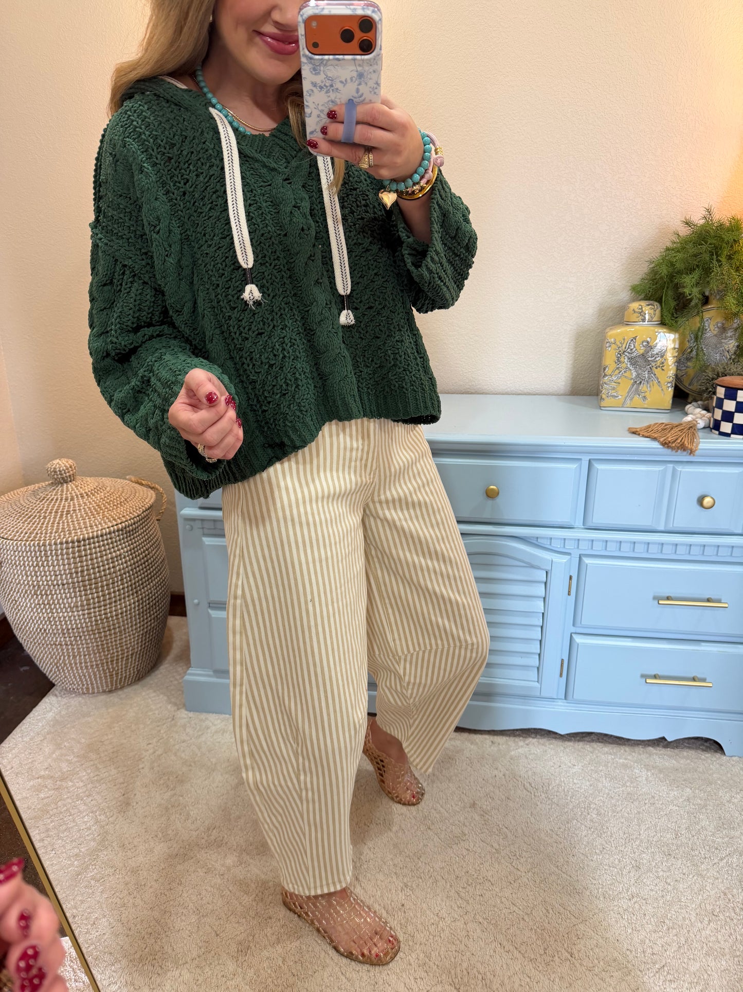 Green Cable Knit Printed Tie Sweater