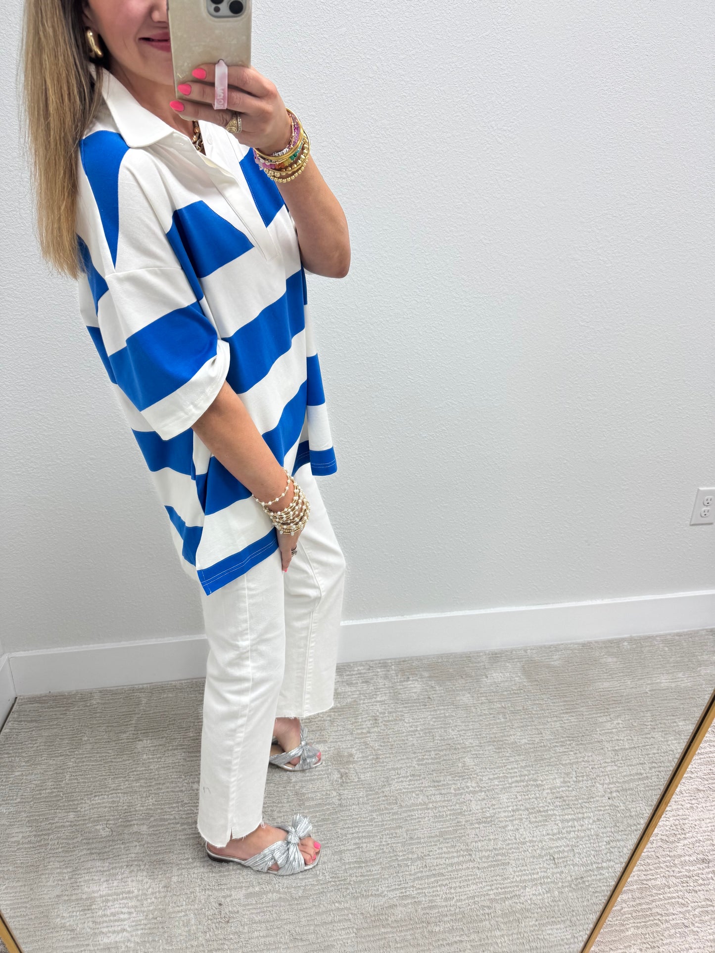 Blue and White Stripe Oversized Collar Top