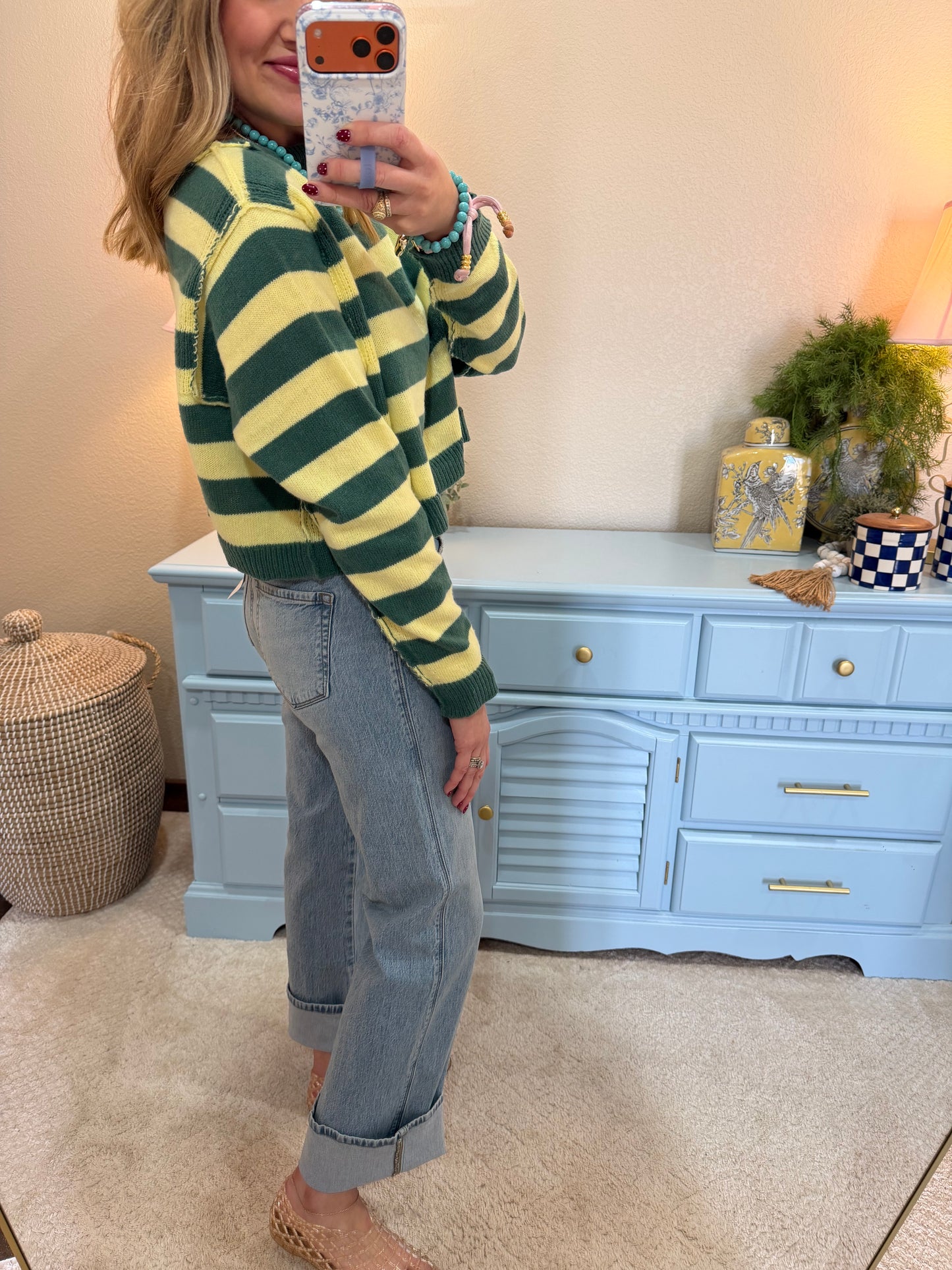 Dark Green & Pale Yellow Relaxed Fit Striped Boat Neck Sweater