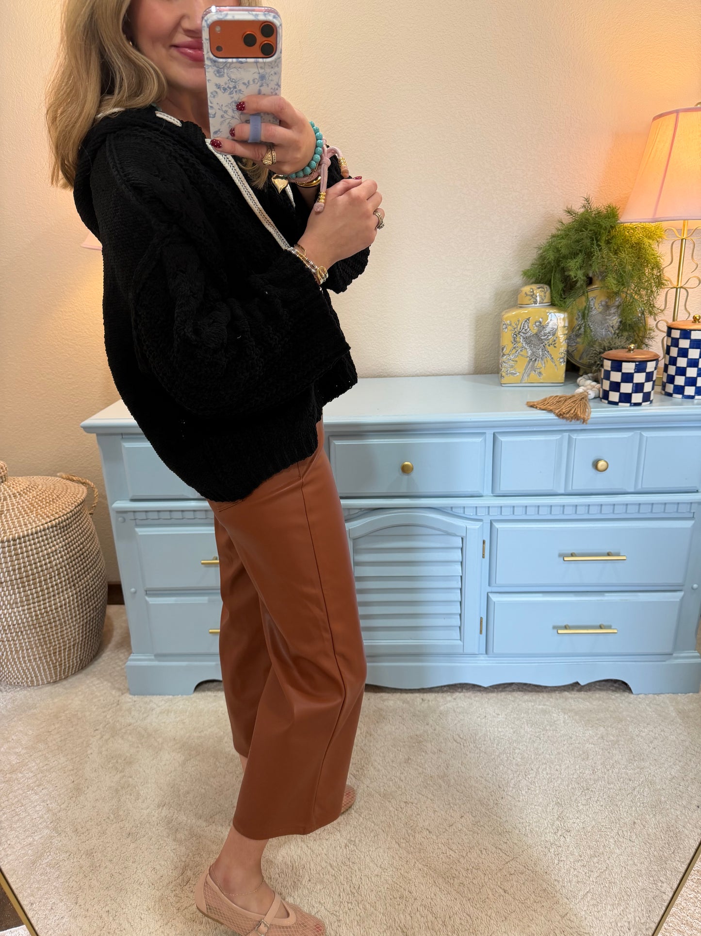 Black Cable Knit Printed Tie Sweater