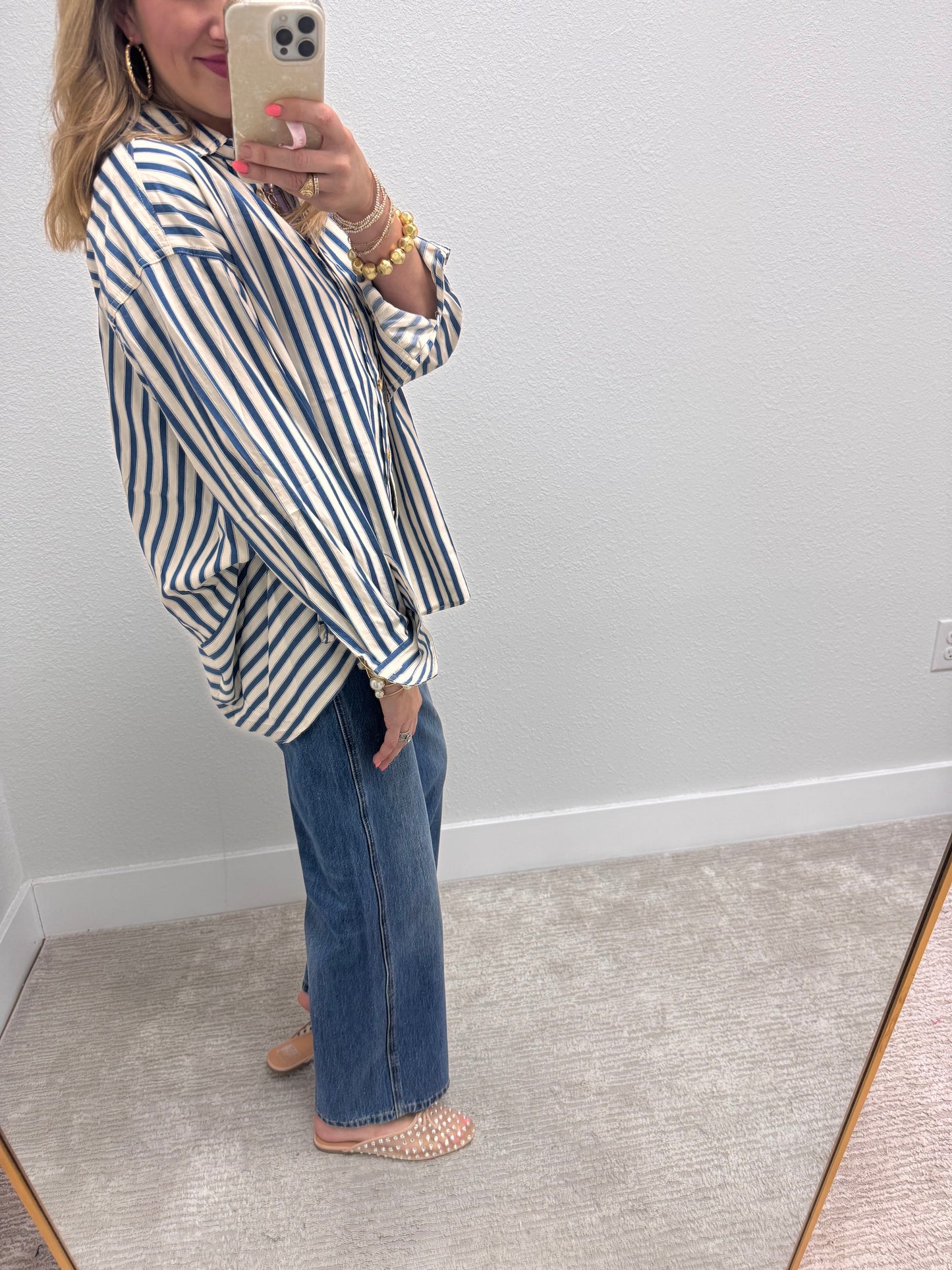 Denim Blue Stripe Button Down Top