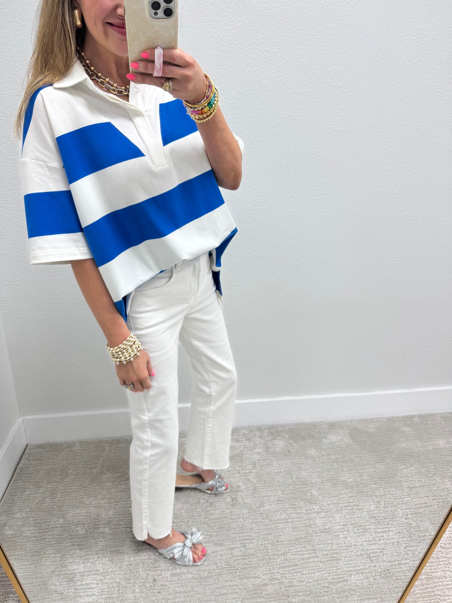 Blue and White Stripe Oversized Collar Top