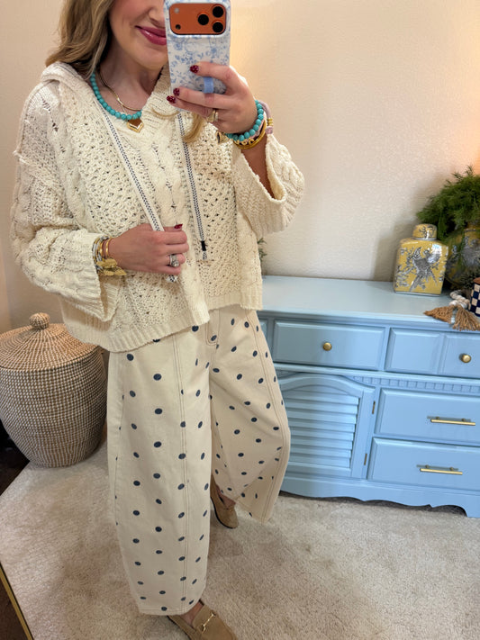 Cream Cable Knit Printed Tie Sweater