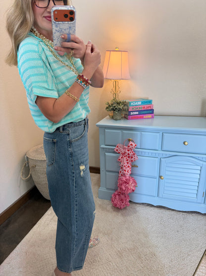 Turquoise Raised Rib Stripe Exposed Hem Top