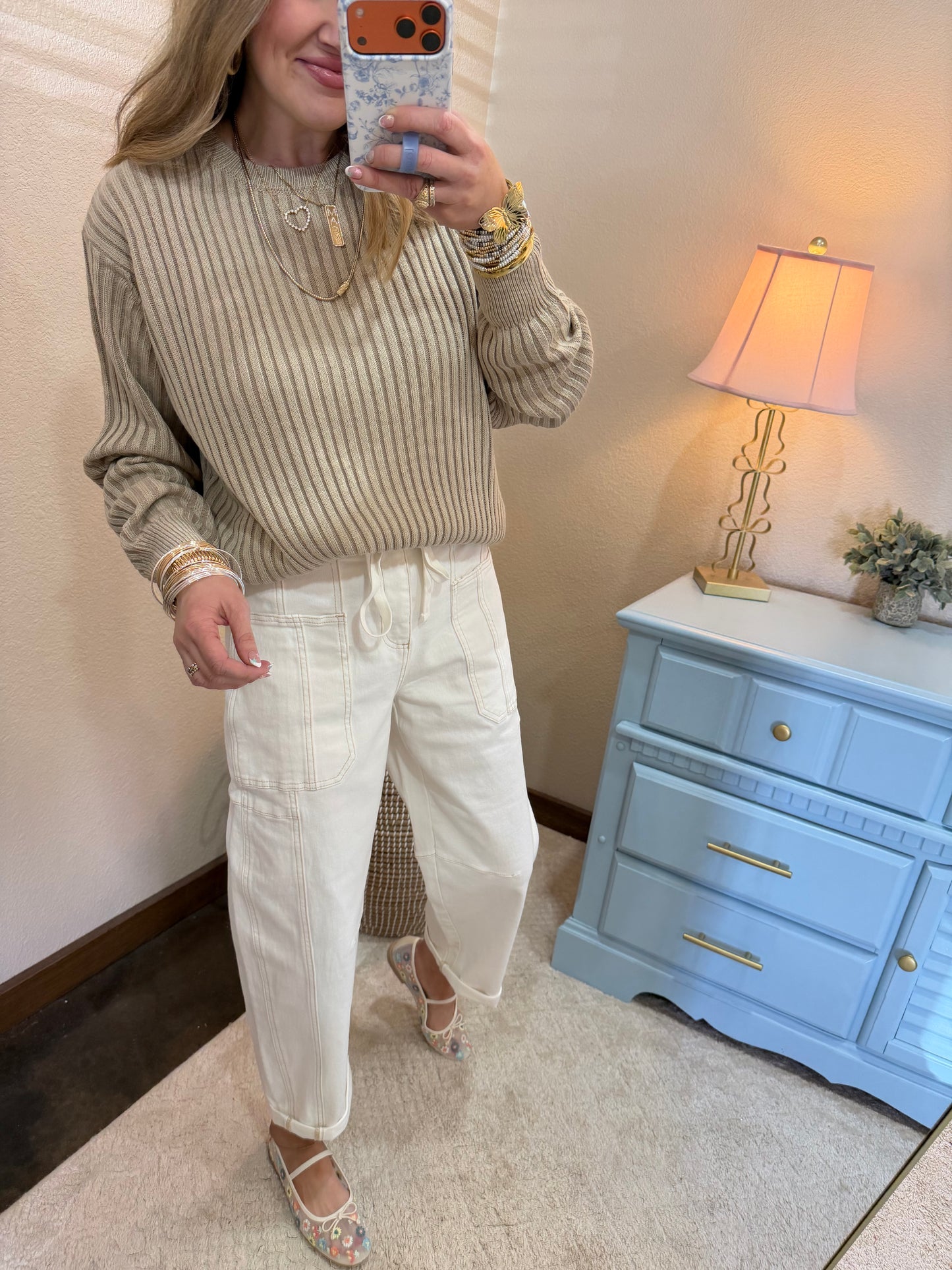 Cream Risen Cargo Pocket Barrel Cuff Jeans