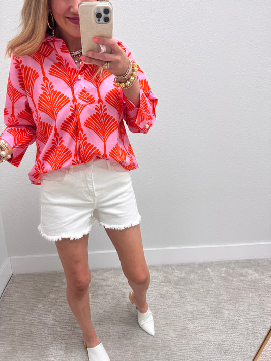 Orange Quarter Button Long Sleeve Top
