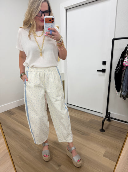 Light Blue 2 Solid Side Band Floral Print Twill Denim Barrel Pants