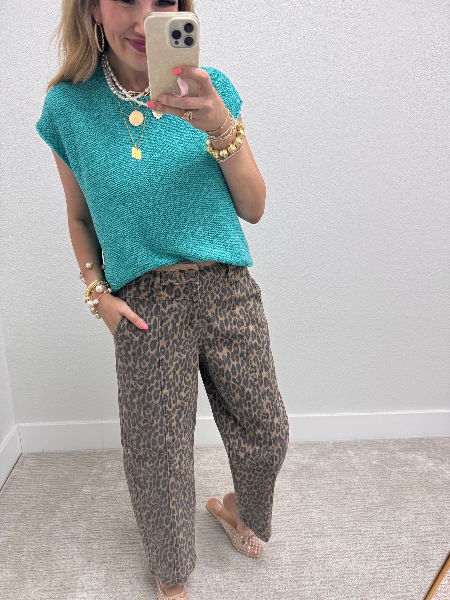 Risen Leopard Camel Mid Rise Crop Relaxed Fit Jeans