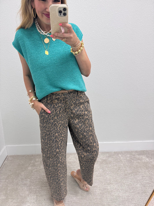 Risen Leopard Camel Mid Rise Crop Relaxed Fit Jeans