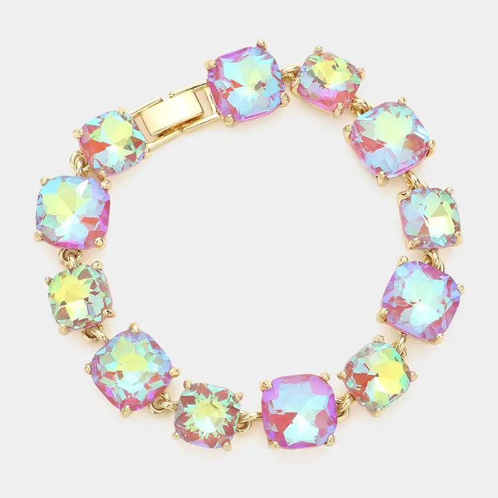 Cushion Square Stone Link Evening Bracelet- Iridescent Stone Pink