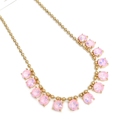 Crystal Glass Bead Dangle Station Ball Beaded Chain Necklace- Pink