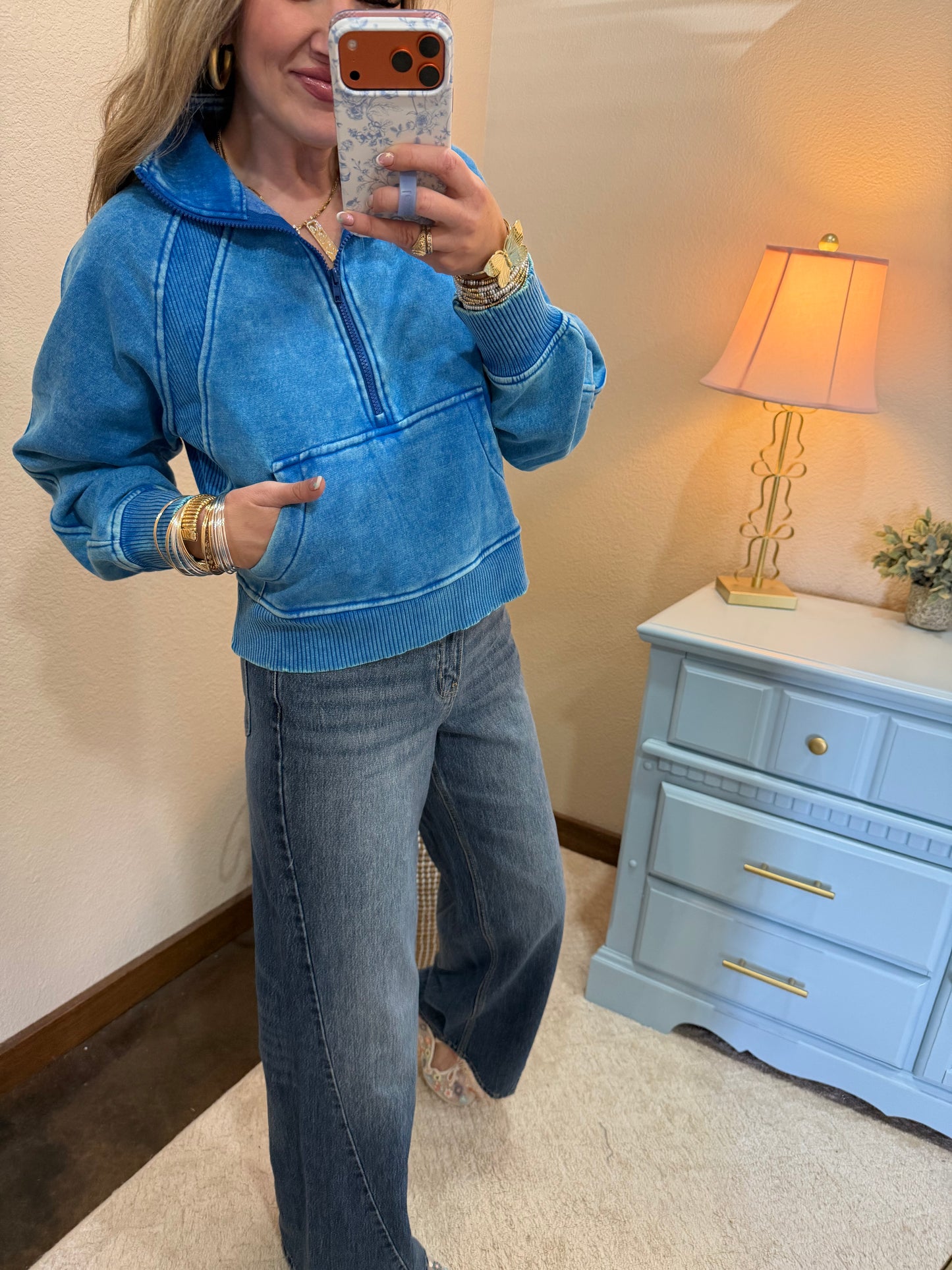 Ocean Blue Acid Washed Half Zip Fleece Pullover