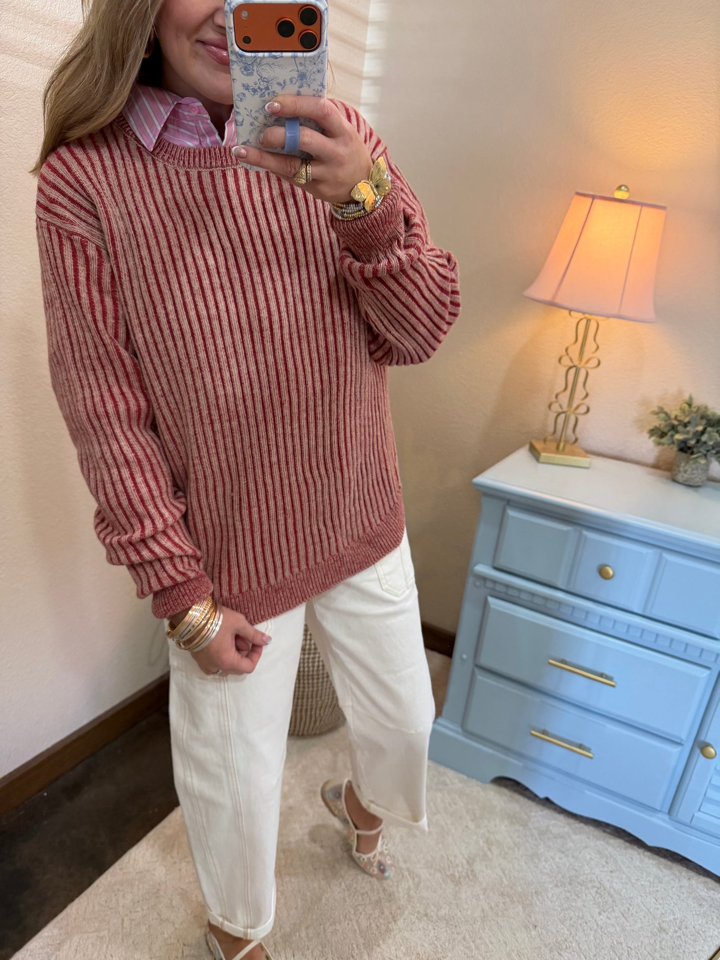 Red Curved Bottom Long Sleeve Pullover