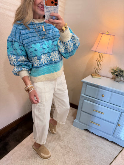 Blue and Cream Floral Sweater