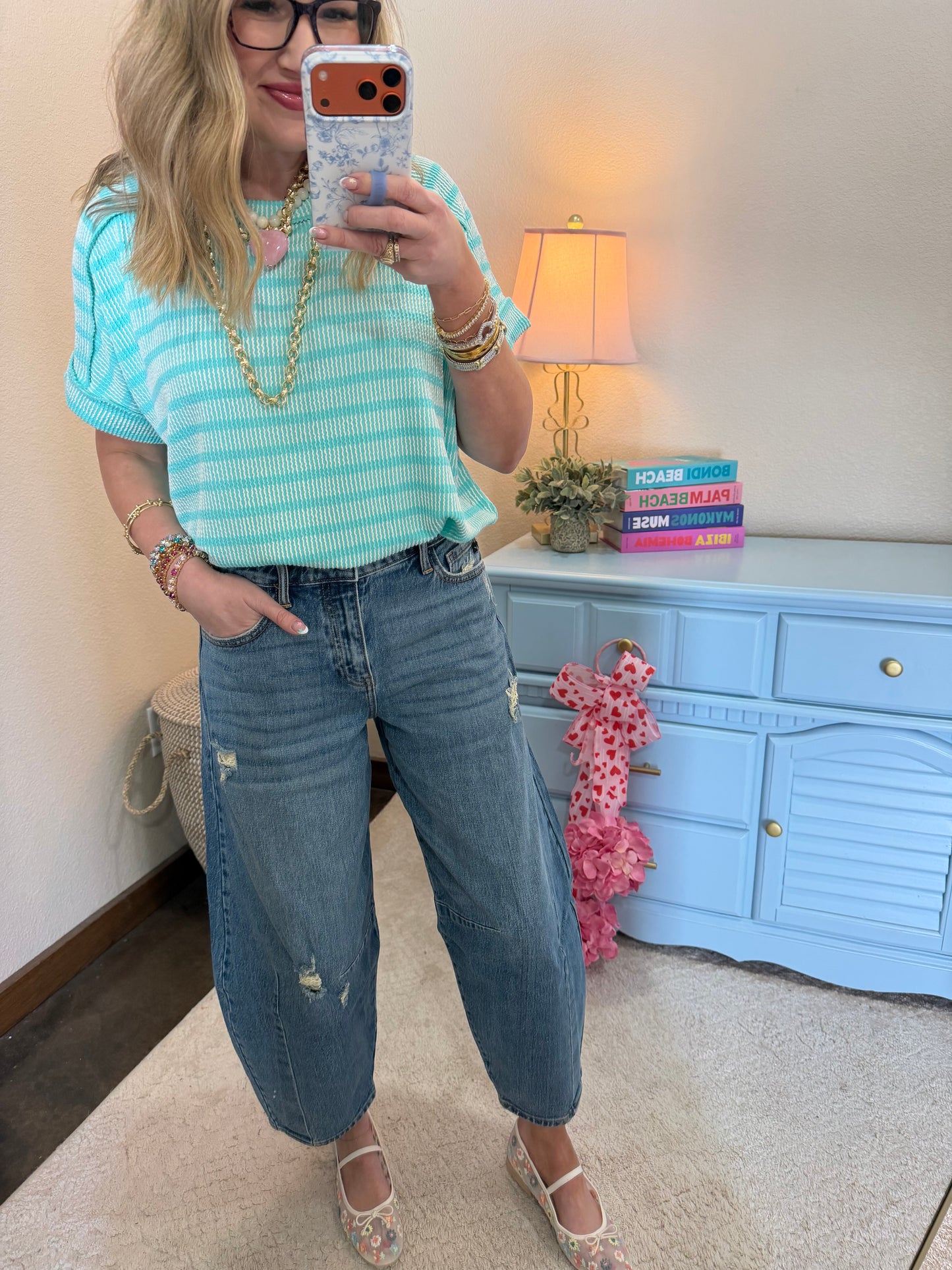 Turquoise Raised Rib Stripe Exposed Hem Top