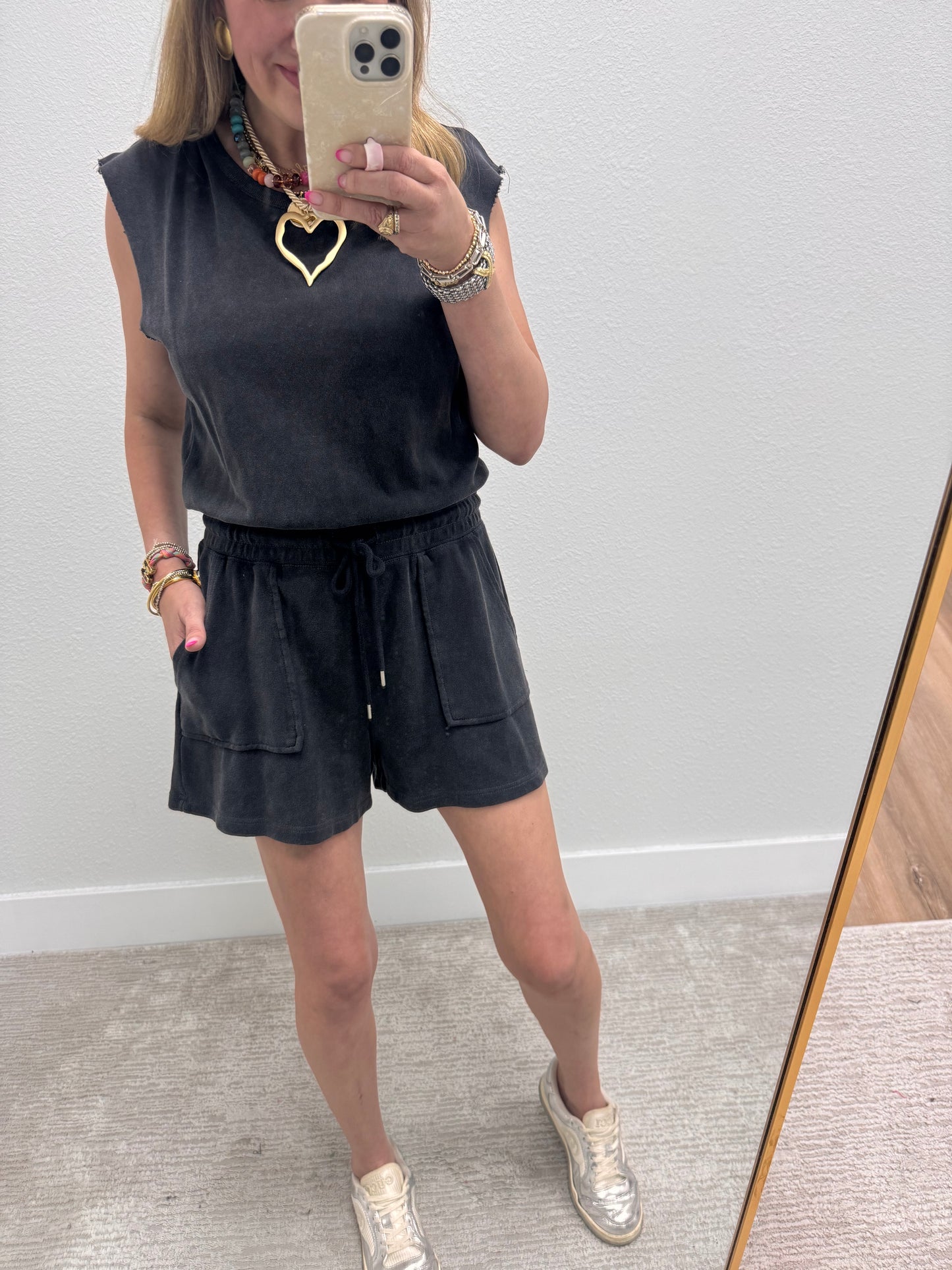 Black Washed Drawstring Waist Romper
