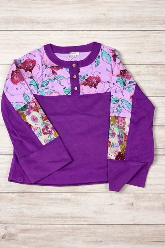 Purple Floral 3 Button Top