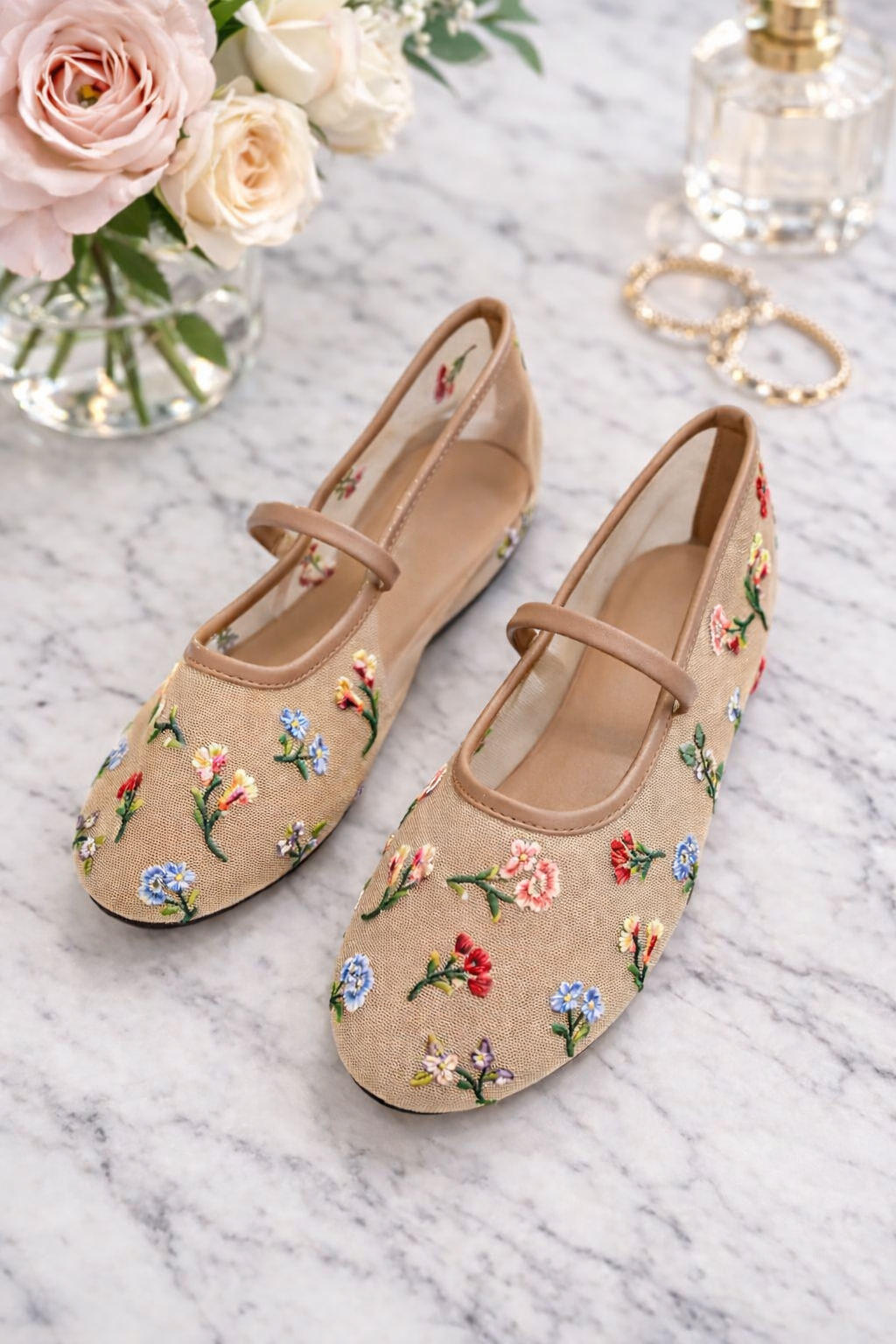 Embroidered Flower Mesh Mary Jane